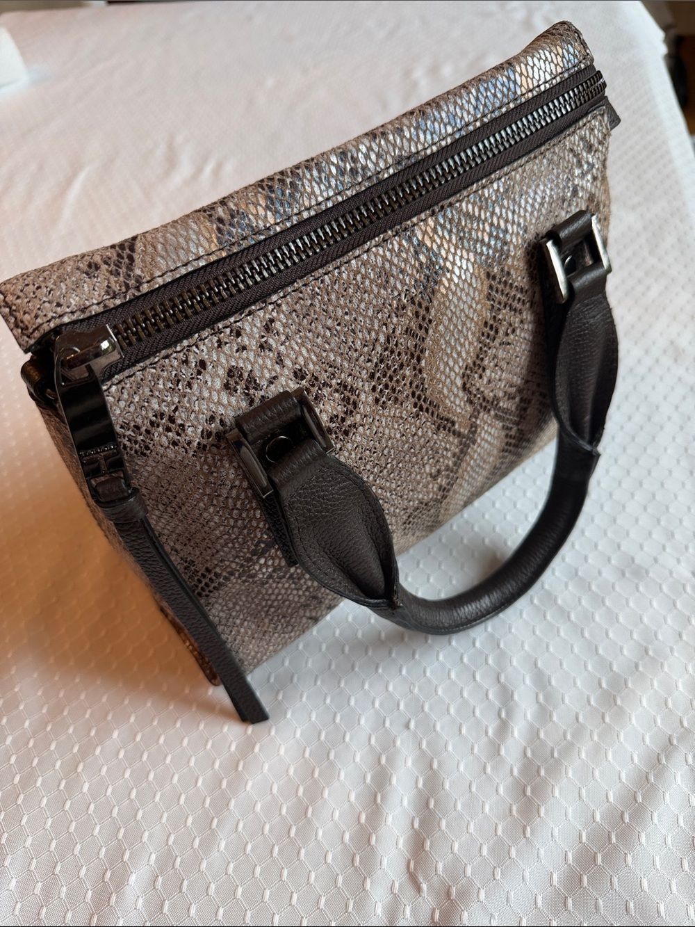 Tahari Taupe Snake-Print Satchel with Black Handles